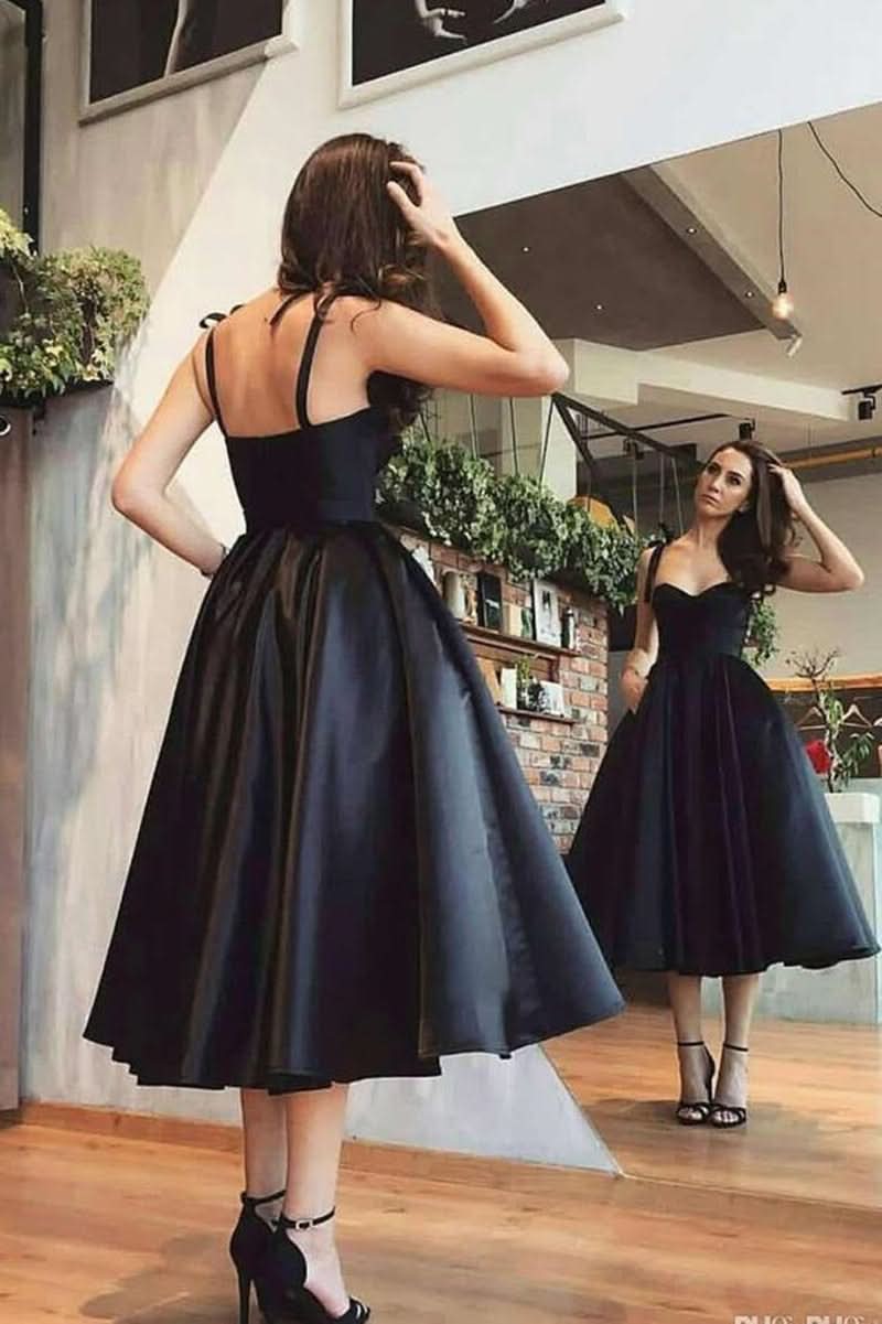 Timeless A-Line Sweetheart Satin Tea-Length Dress for a Sophisticated Homecoming BM bride