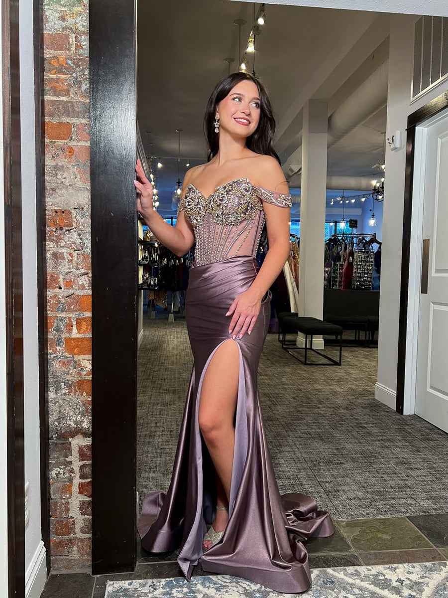 Mauve Satin Off-the-Shoulder Beaded Corset Prom Dress with High Slit