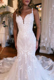 BMbride Mermaid Sweetheart Floor-Length Straps Sleeveless Tulle Wedding Dress with Appliques BMbride