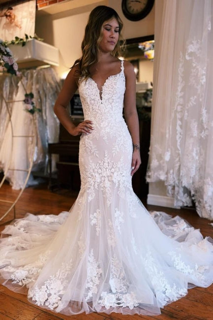 BMbride Mermaid Sweetheart Floor-Length Straps Sleeveless Tulle Wedding Dress with Appliques BMbride