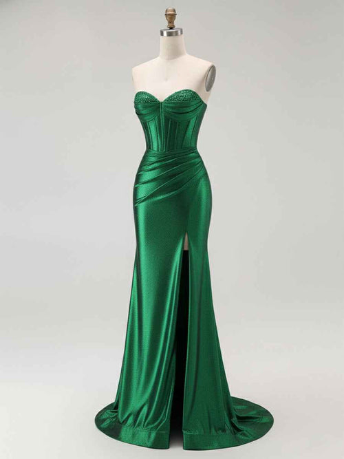 Mermaid Corset Ruched Long Prom Dress with Slit BMBRIDE
