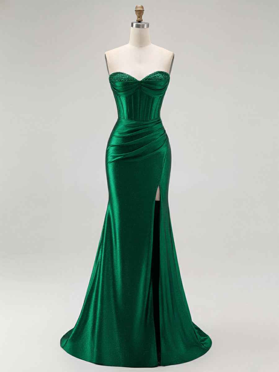 Mermaid Corset Ruched Long Prom Dress with Slit