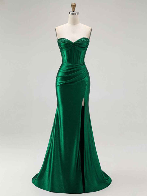 Mermaid Corset Ruched Long Prom Dress with Slit BMBRIDE
