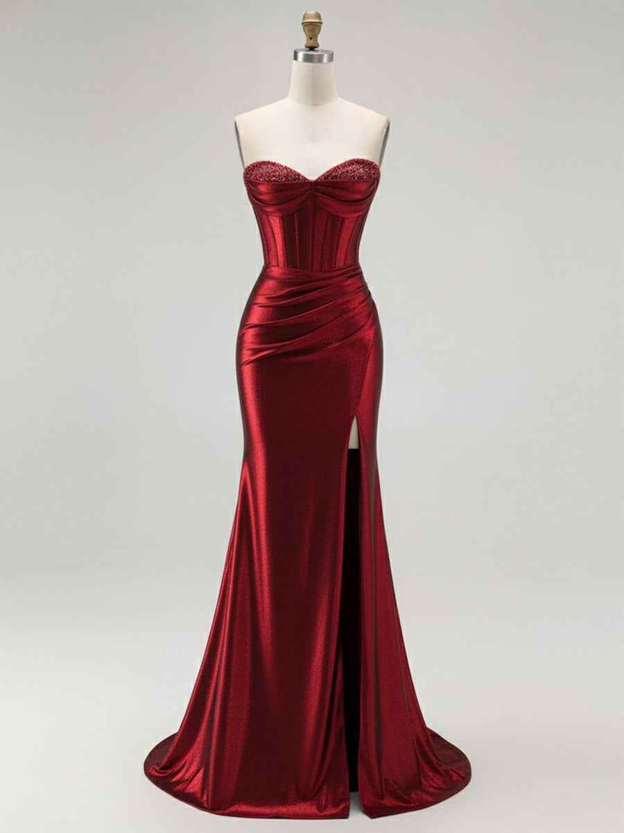 Mermaid Corset Ruched Long Prom Dress with Slit