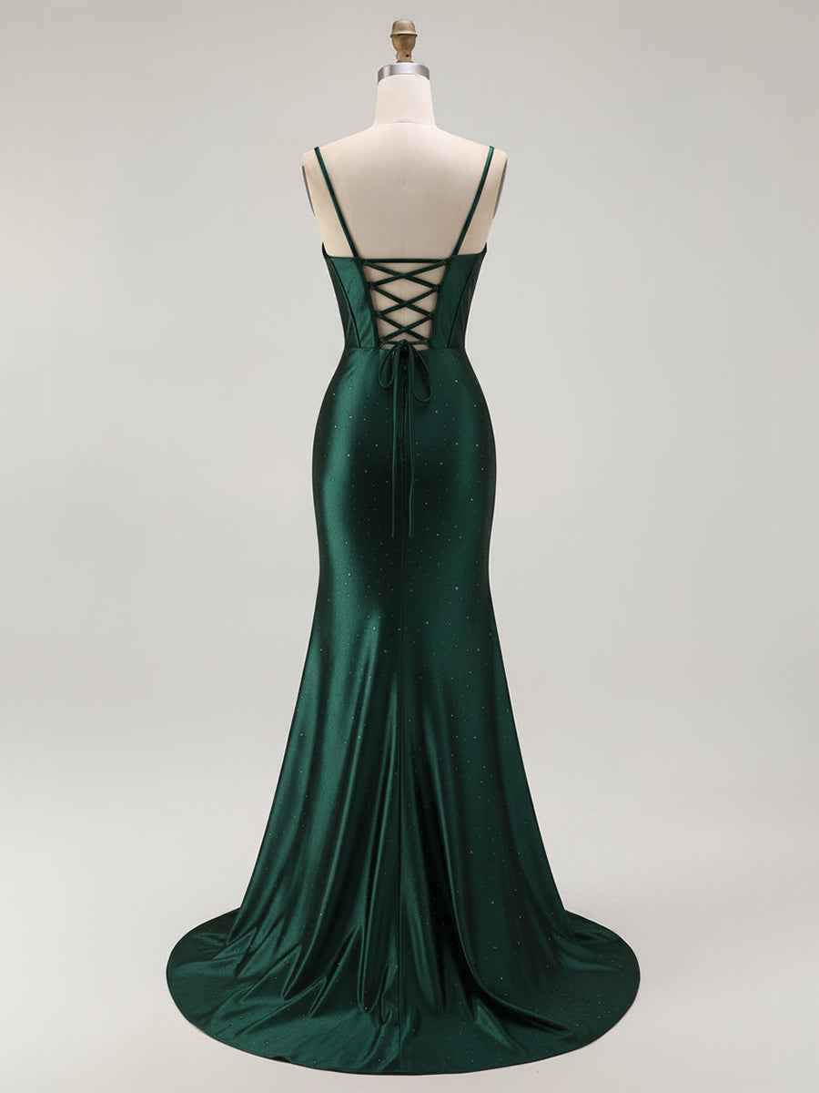 Mermaid Corset Spaghetti Straps Long Prom Dress with Slit