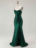 Mermaid Corset Spaghetti Straps Long Prom Dress with Slit