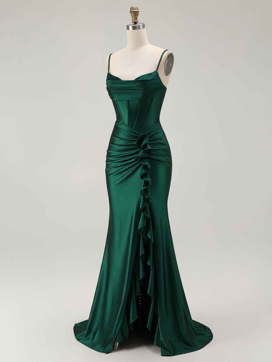 Mermaid Corset Spaghetti Straps Long Prom Dress with Slit