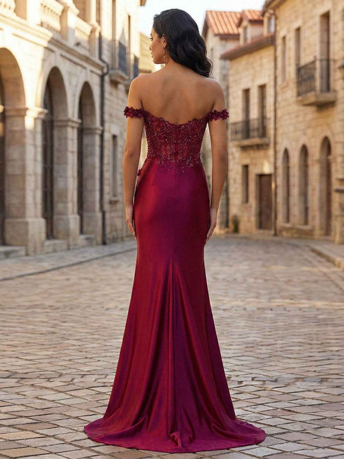 Mermaid Off-The-Shoulder Floral Corset Long Prom Dress with Slit BMBRIDE