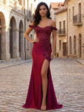 Mermaid Off-The-Shoulder Floral Corset Long Prom Dress with Slit