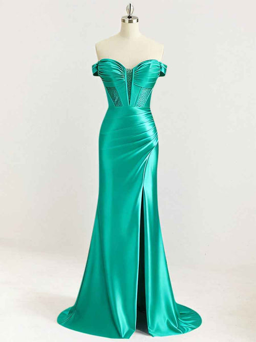 Mermaid Off The Shoulder Sequin Long Prom Dress with Slit BMBRIDE