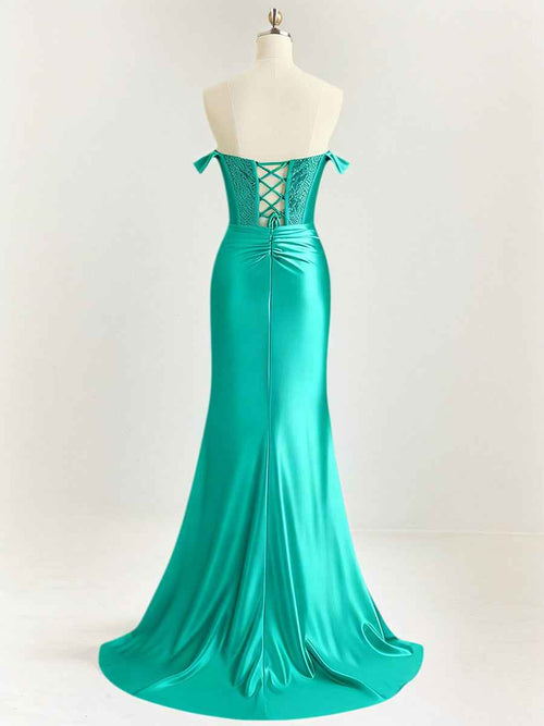 Mermaid Off The Shoulder Sequin Long Prom Dress with Slit BMBRIDE