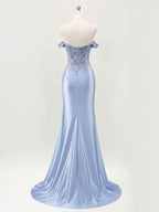 Mermaid Off The Shoulder Sequins Beaded Prom Dress with Slit