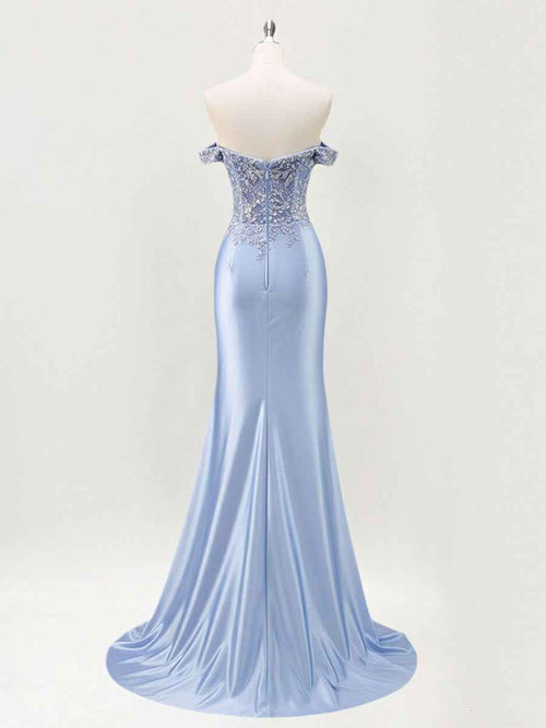 Mermaid Off The Shoulder Sequins Beaded Prom Dress with Slit BMBRIDE