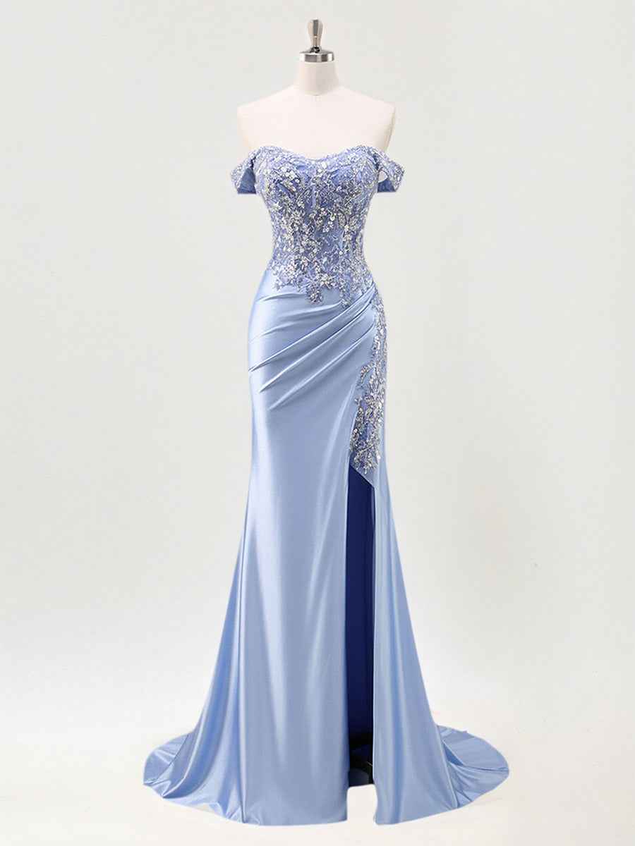 Mermaid Off The Shoulder Sequins Beaded Prom Dress with Slit