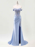 Mermaid Off The Shoulder Sequins Beaded Prom Dress with Slit