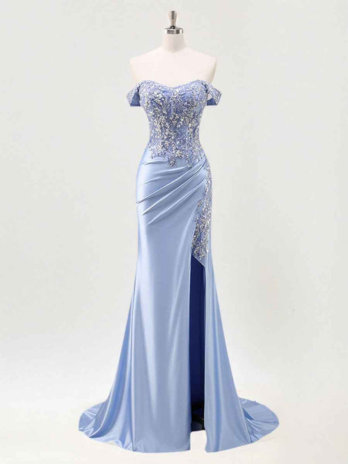 Mermaid Off The Shoulder Sequins Beaded Prom Dress with Slit BMBRIDE
