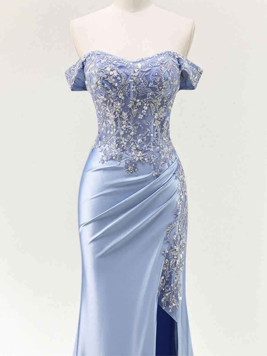 Mermaid Off The Shoulder Sequins Beaded Prom Dress with Slit