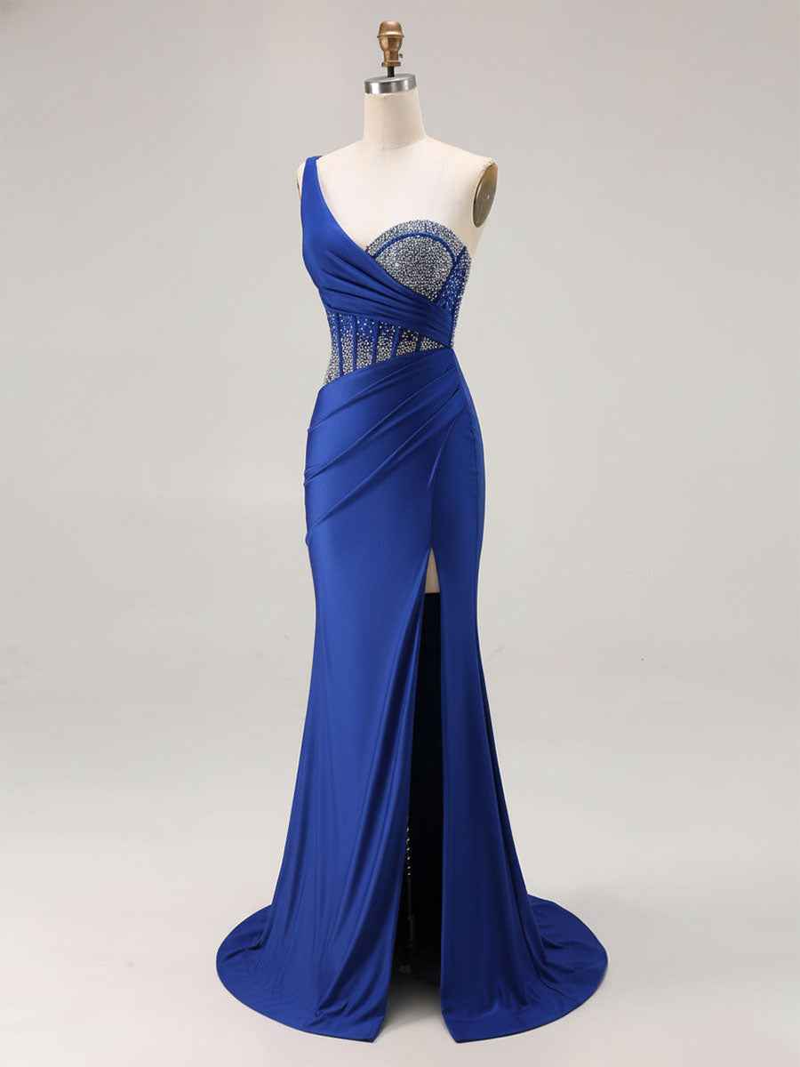 Mermaid One Shoulder Corset Long Prom Dress With Beading