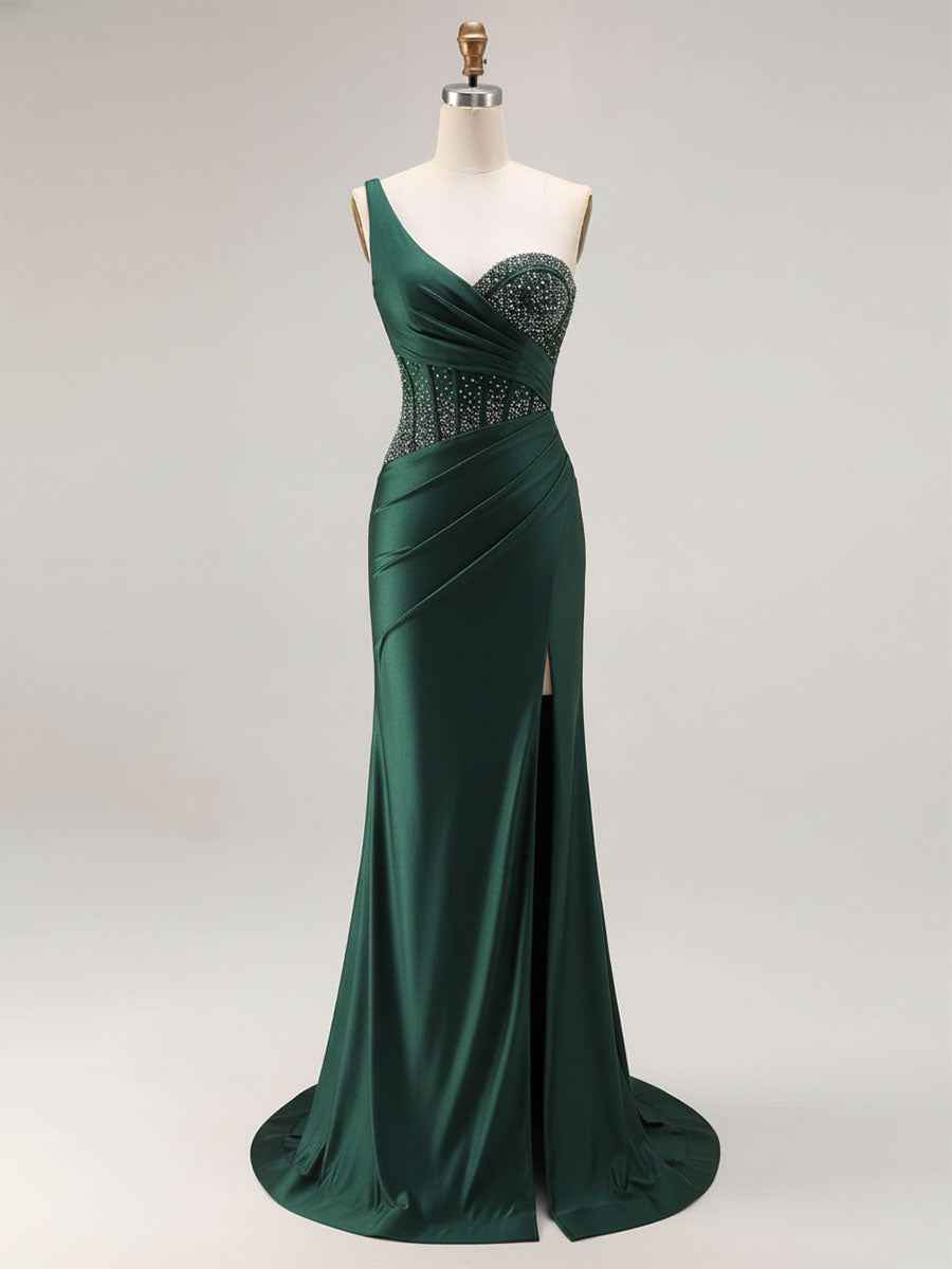Mermaid One Shoulder Corset Long Prom Dress With Beading