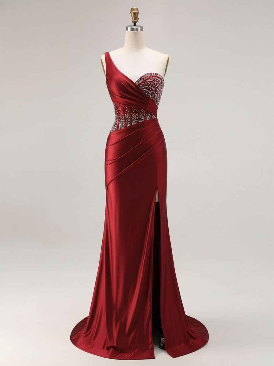 Mermaid One Shoulder Corset Long Prom Dress With Beading
