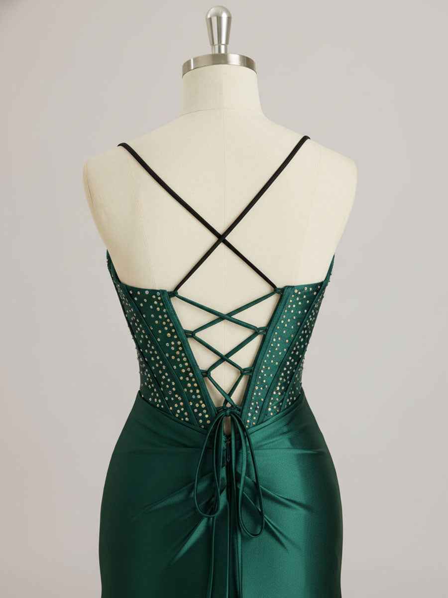 Mermaid Scoop Sweep Train Satin Prom Dress with Rhinestone