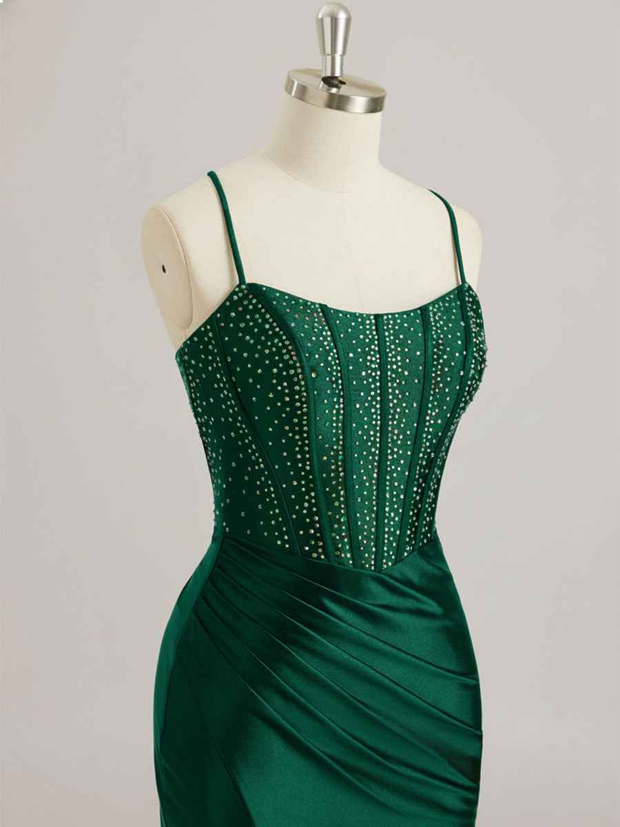Mermaid Scoop Sweep Train Satin Prom Dress with Rhinestone