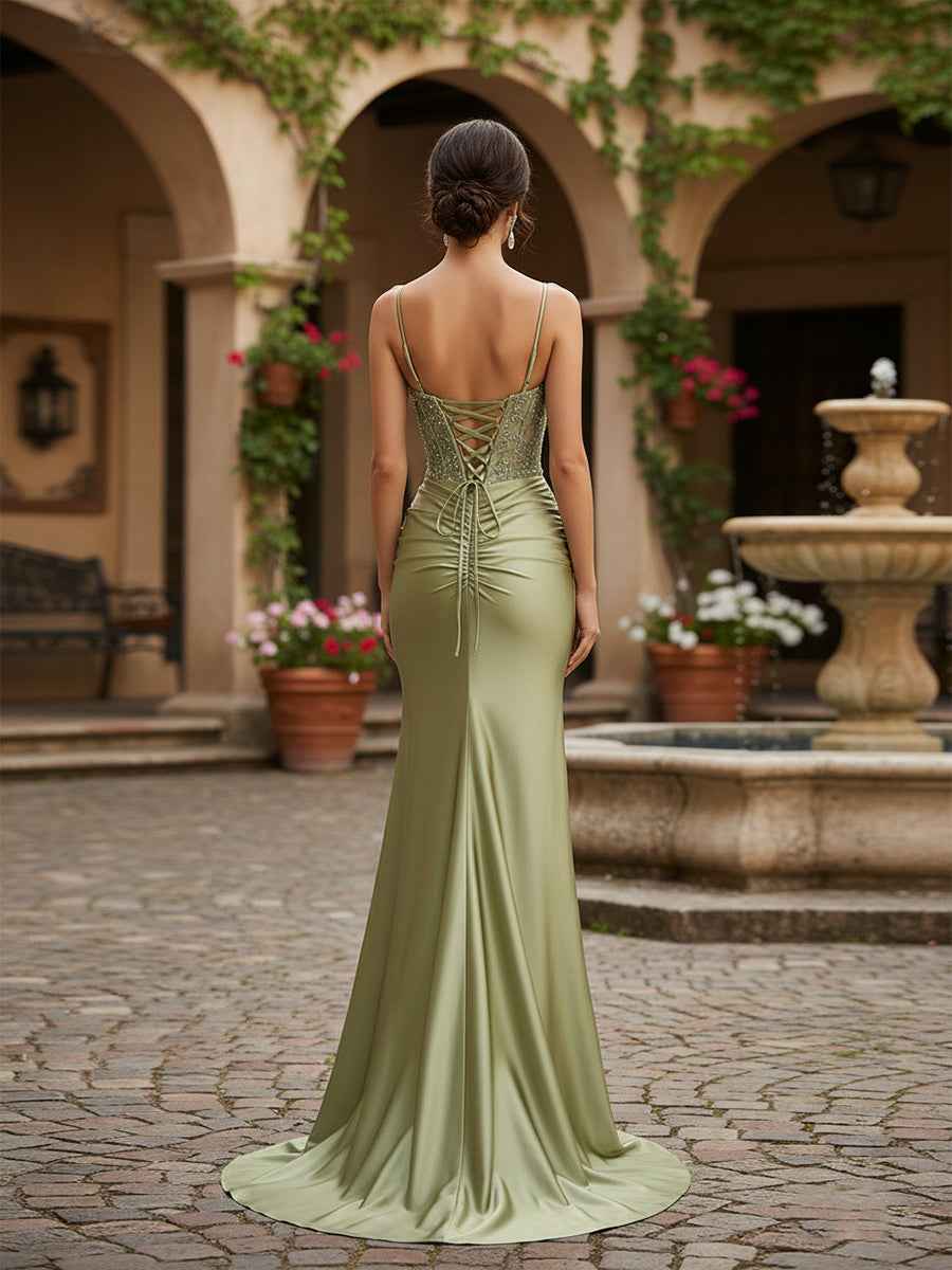 Mermaid Spaghetti Straps Bodice Long Prom Dress with Beads BMBRIDE