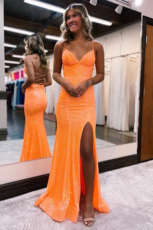 Dazzling Sparkly Orange Sequins Mermaid Long Prom Dress BM bride