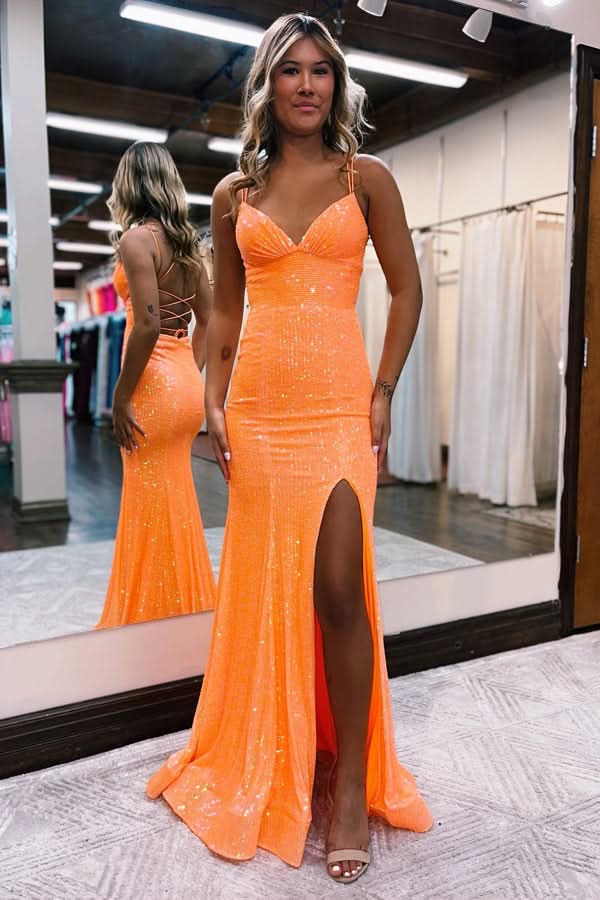 Dazzling Sparkly Orange Sequins Mermaid Long Prom Dress BM bride
