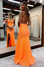 Dazzling Sparkly Orange Sequins Mermaid Long Prom Dress BM bride