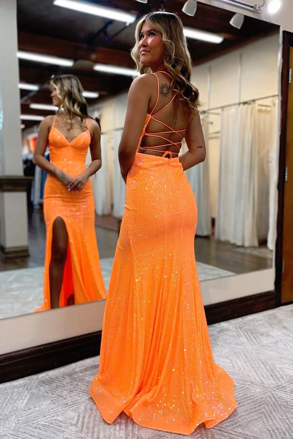 Dazzling Sparkly Orange Sequins Mermaid Long Prom Dress BM bride