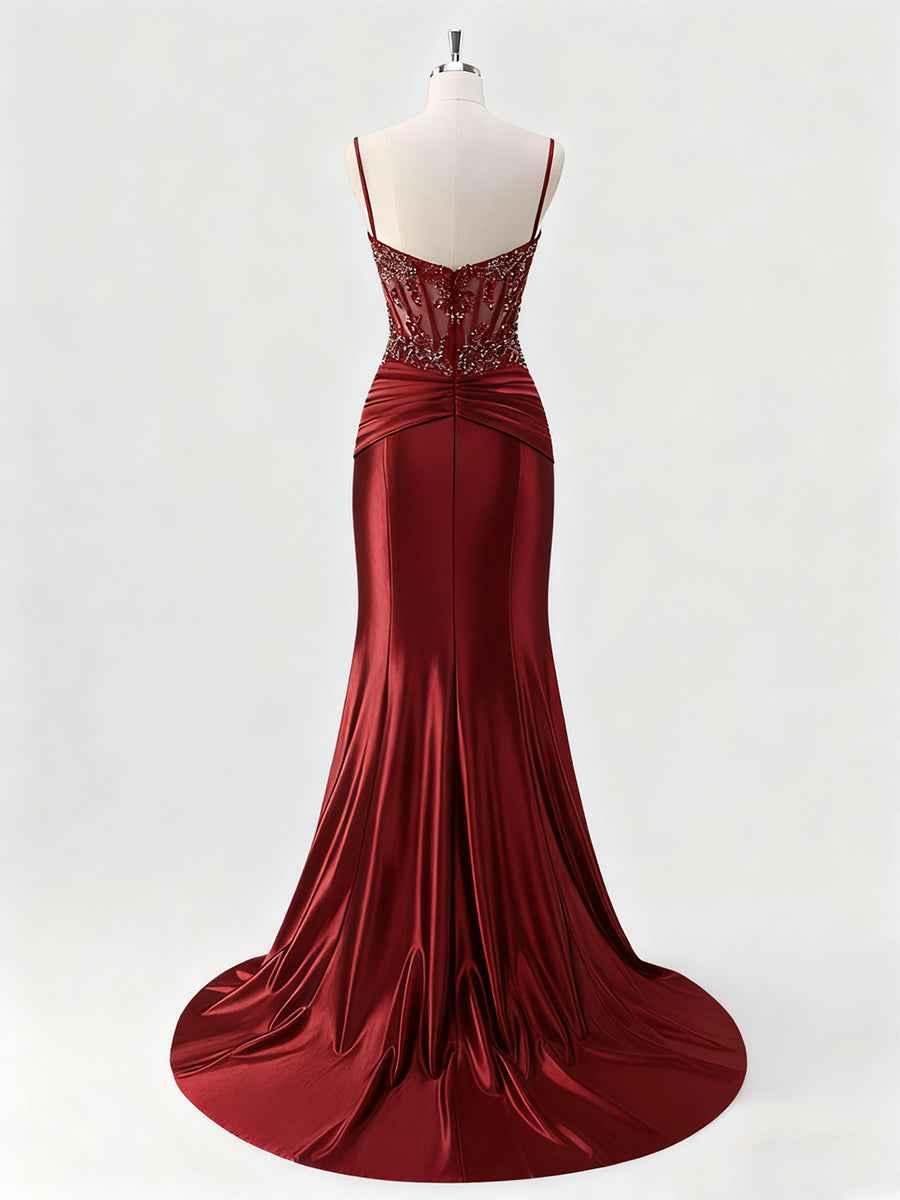Mermaid Spaghetti Straps Satin Long Corset Appliqued Prom Dress