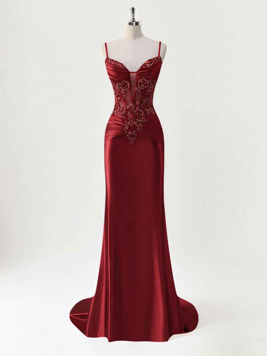 Mermaid Spaghetti Straps Satin Long Corset Appliqued Prom Dress