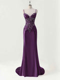 Mermaid Spaghetti Straps Satin Long Corset Appliqued Prom Dress
