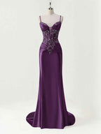 Mermaid Spaghetti Straps Satin Long Corset Appliqued Prom Dress