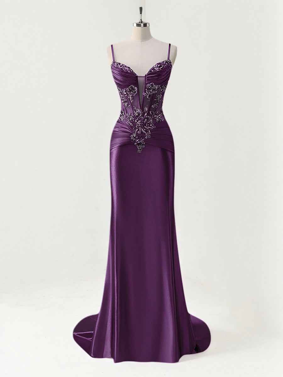 Mermaid Spaghetti Straps Satin Long Corset Appliqued Prom Dress