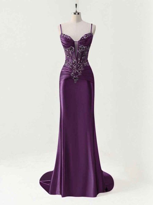 Mermaid Spaghetti Straps Satin Long Corset Appliqued Prom Dress BMBRIDE