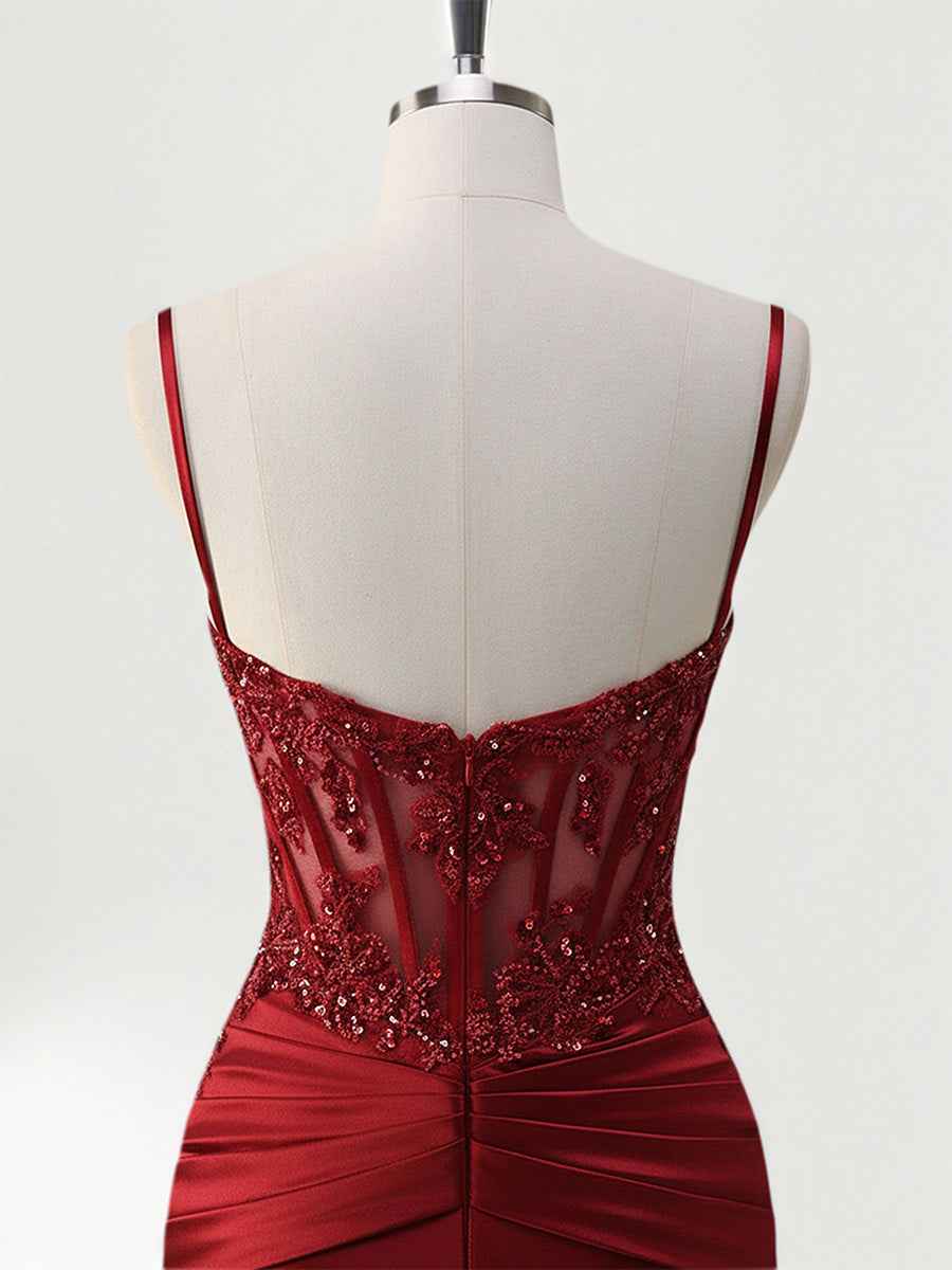 Mermaid Spaghetti Straps Satin Long Corset Appliqued Prom Dress