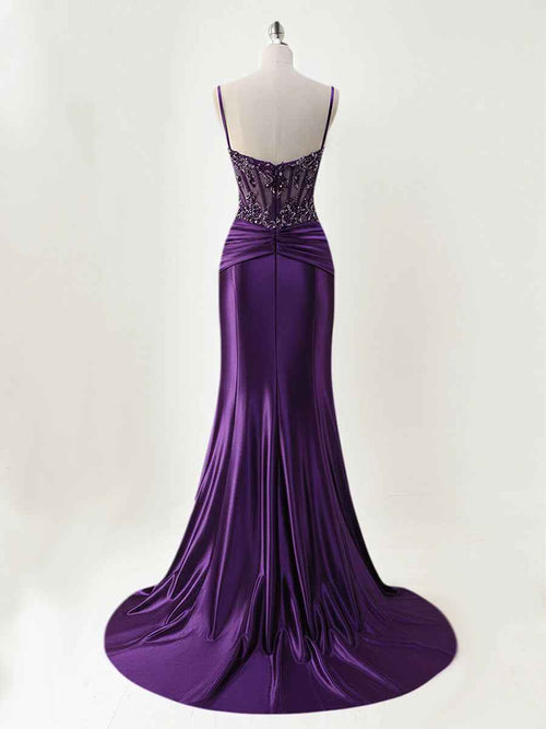 Mermaid Spaghetti Straps Satin Long Corset Appliqued Prom Dress BMBRIDE