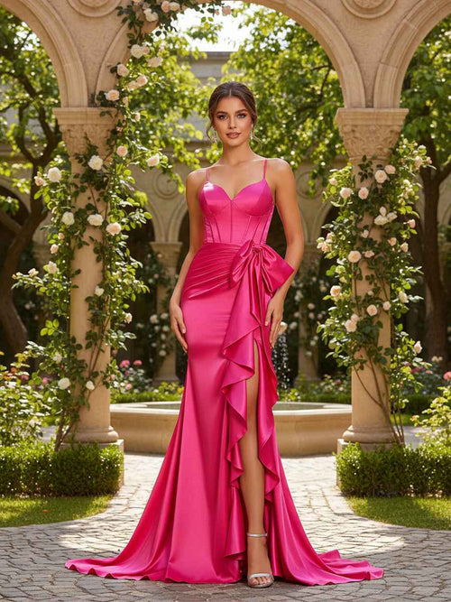 Mermaid Spaghetti Straps Satin Prom Dress with Bow BMBRIDE