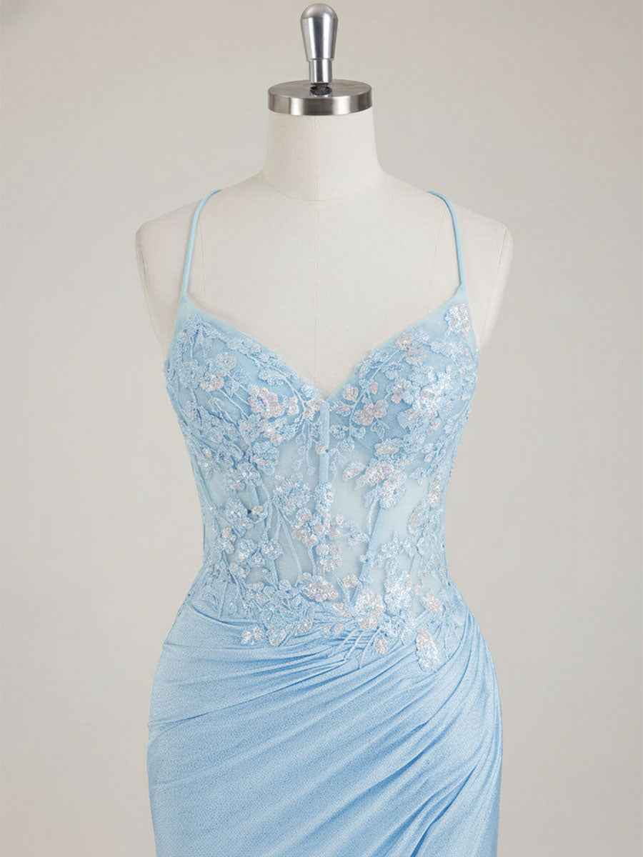 Mermaid Spaghetti Straps V-Neck Sequins Prom Dress with Slit