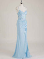 Mermaid Spaghetti Straps V-Neck Sequins Prom Dress with Slit