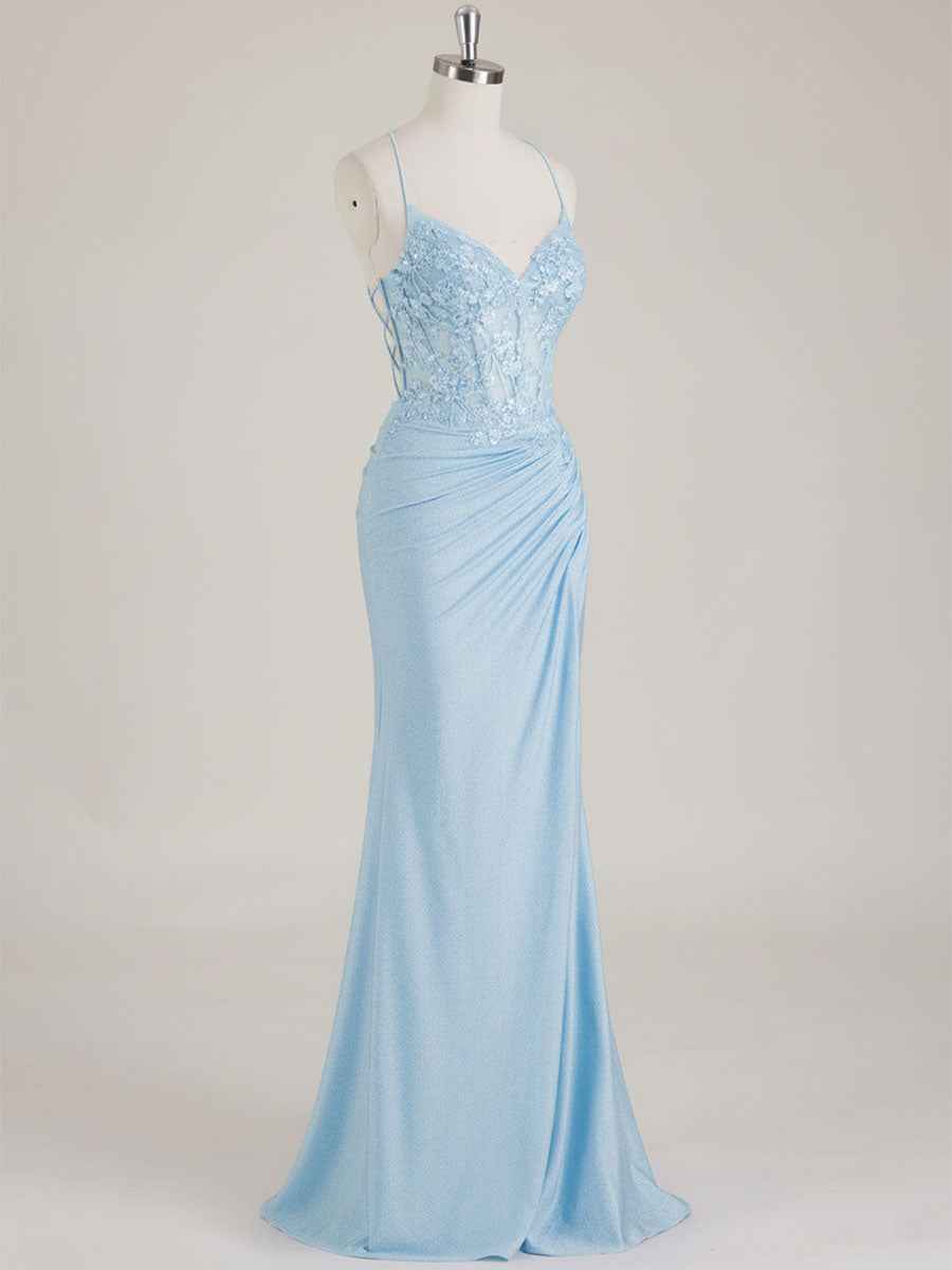 Mermaid Spaghetti Straps V-Neck Sequins Prom Dress with Slit