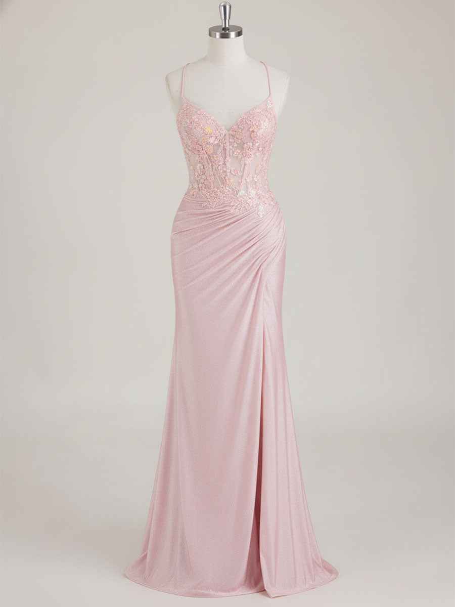 Mermaid Spaghetti Straps V-Neck Sequins Prom Dress with Slit