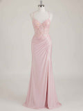 Mermaid Spaghetti Straps V-Neck Sequins Prom Dress with Slit
