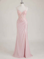 Mermaid Spaghetti Straps V-Neck Sequins Prom Dress with Slit