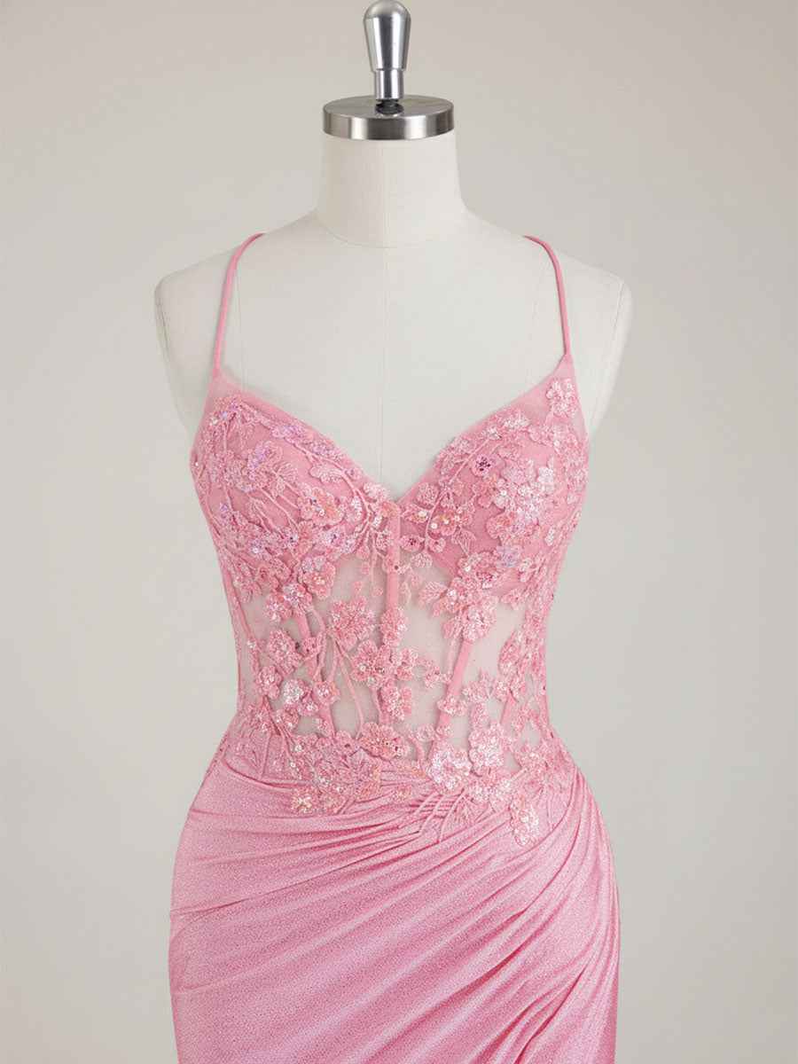 Mermaid Spaghetti Straps V-Neck Sequins Prom Dress with Slit