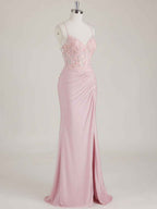 Mermaid Spaghetti Straps V-Neck Sequins Prom Dress with Slit