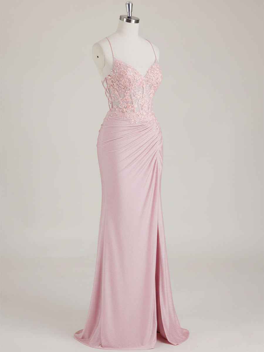 Mermaid Spaghetti Straps V-Neck Sequins Prom Dress with Slit
