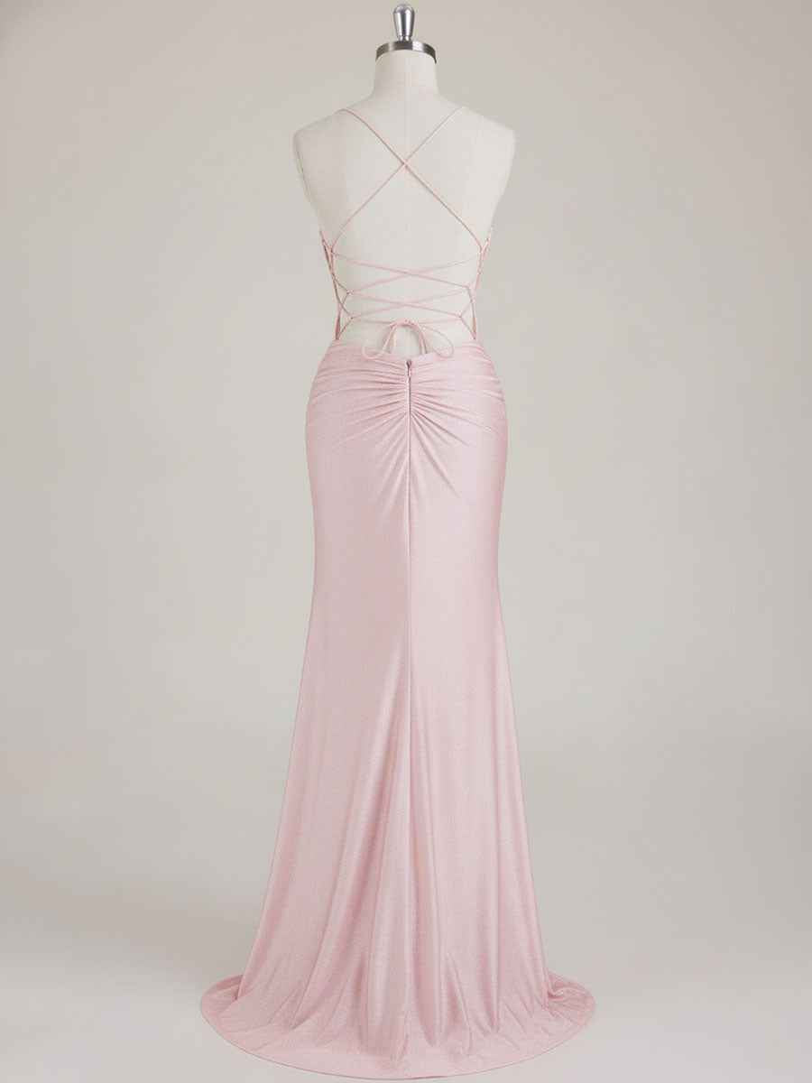 Mermaid Spaghetti Straps V-Neck Sequins Prom Dress with Slit
